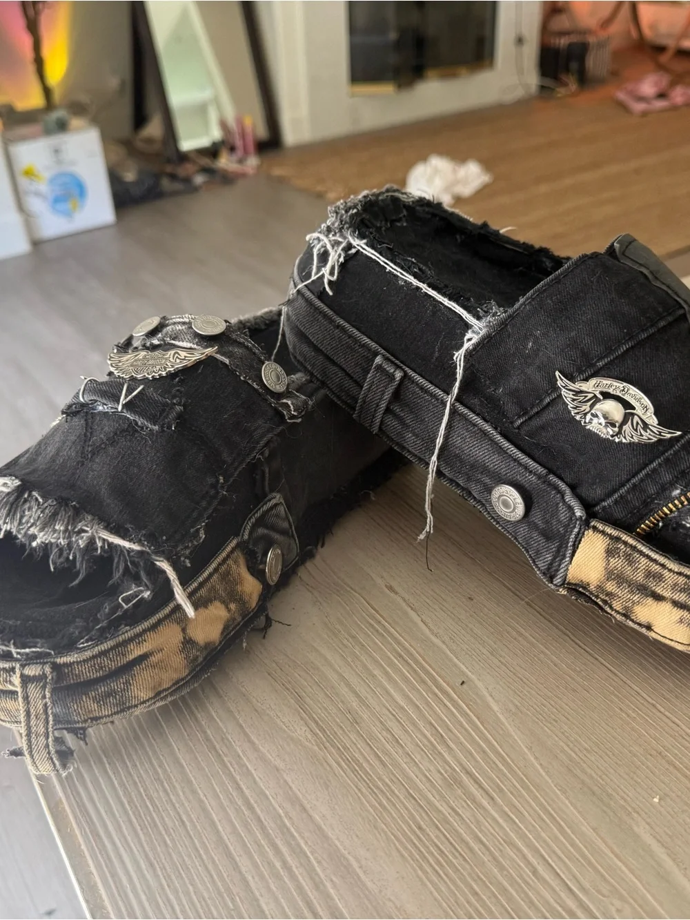 Platform Denim Distressed Black Canvas Slip-On Shoes made by me SOLEMATE DENIM